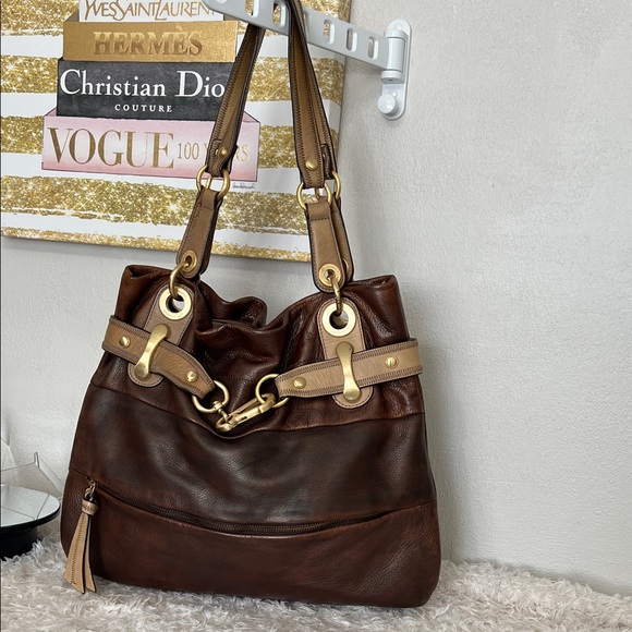 B. Makowsky Two-Tone Brown Leather Shoulder Bag - Picture 1 of 10